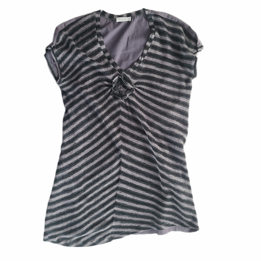 BRUNELLO CUCINELLI Short Sleeve Bias Asymmetrical Knit/woven A-line Top S